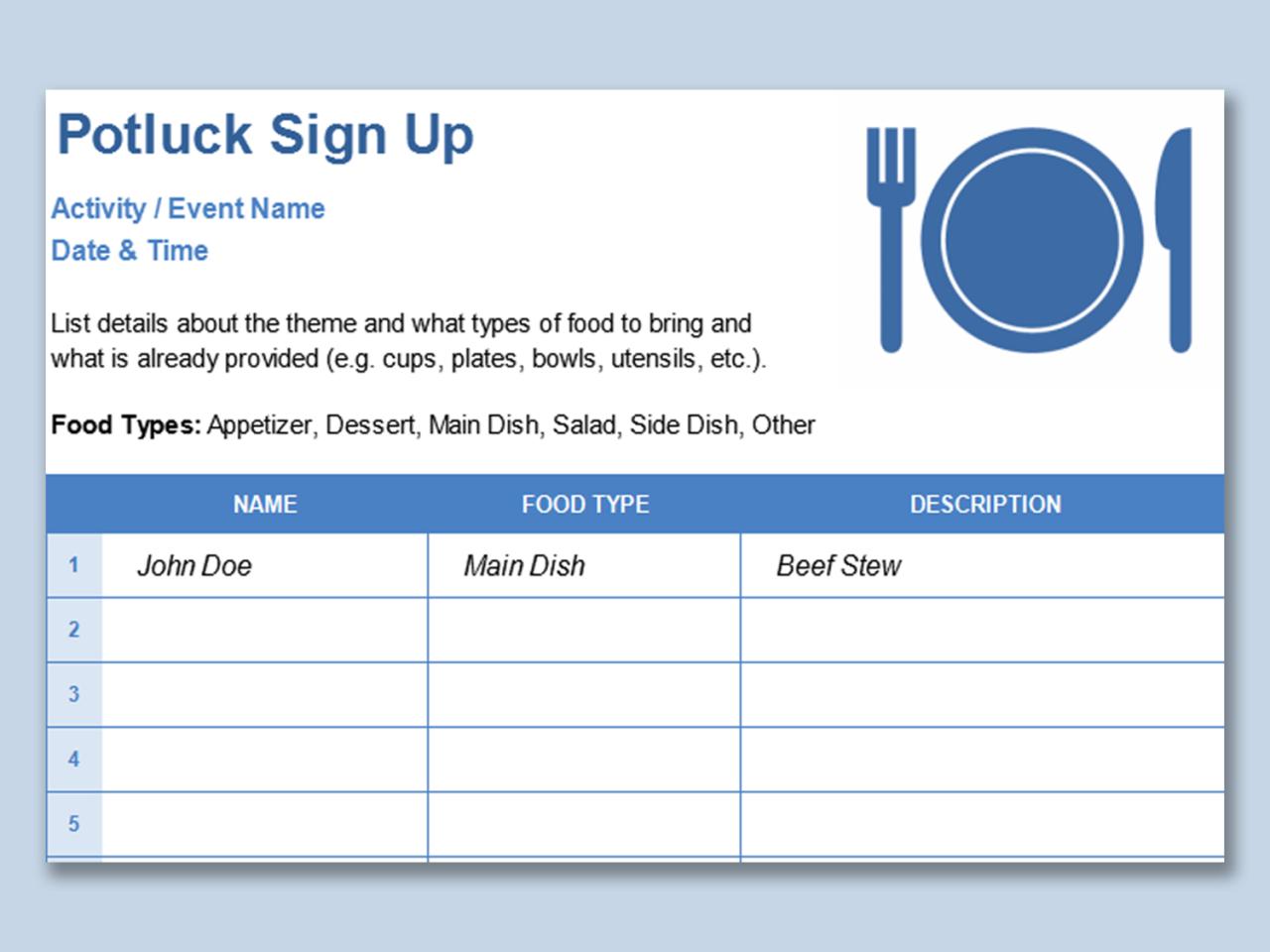 Potluck sign up sheet template