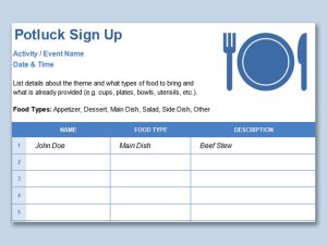 Potluck sign up sheet template