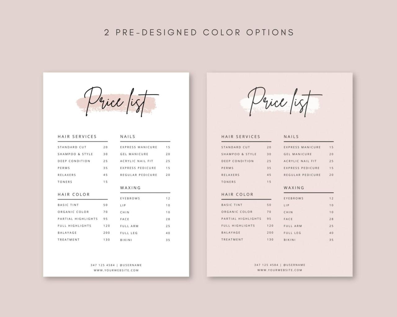 Salon price list template