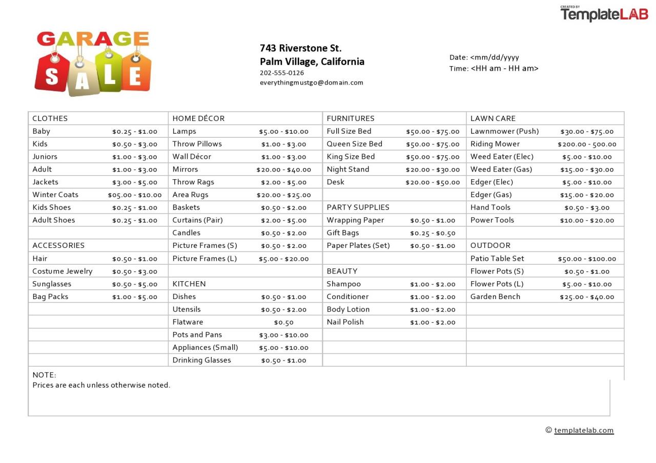 Printable garage sale pricing guide