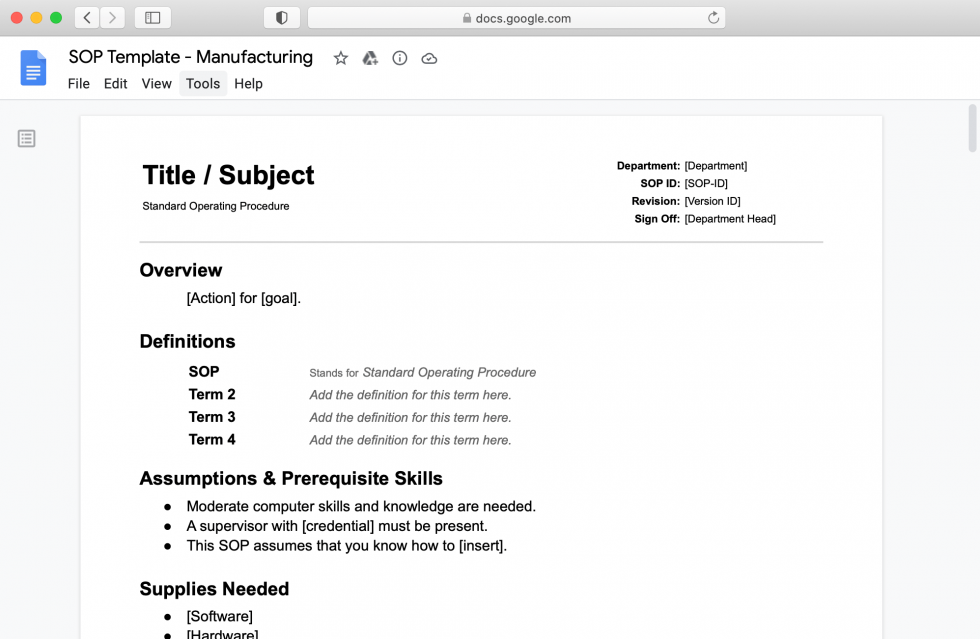 Sop procedure operating sampletemplates desalas