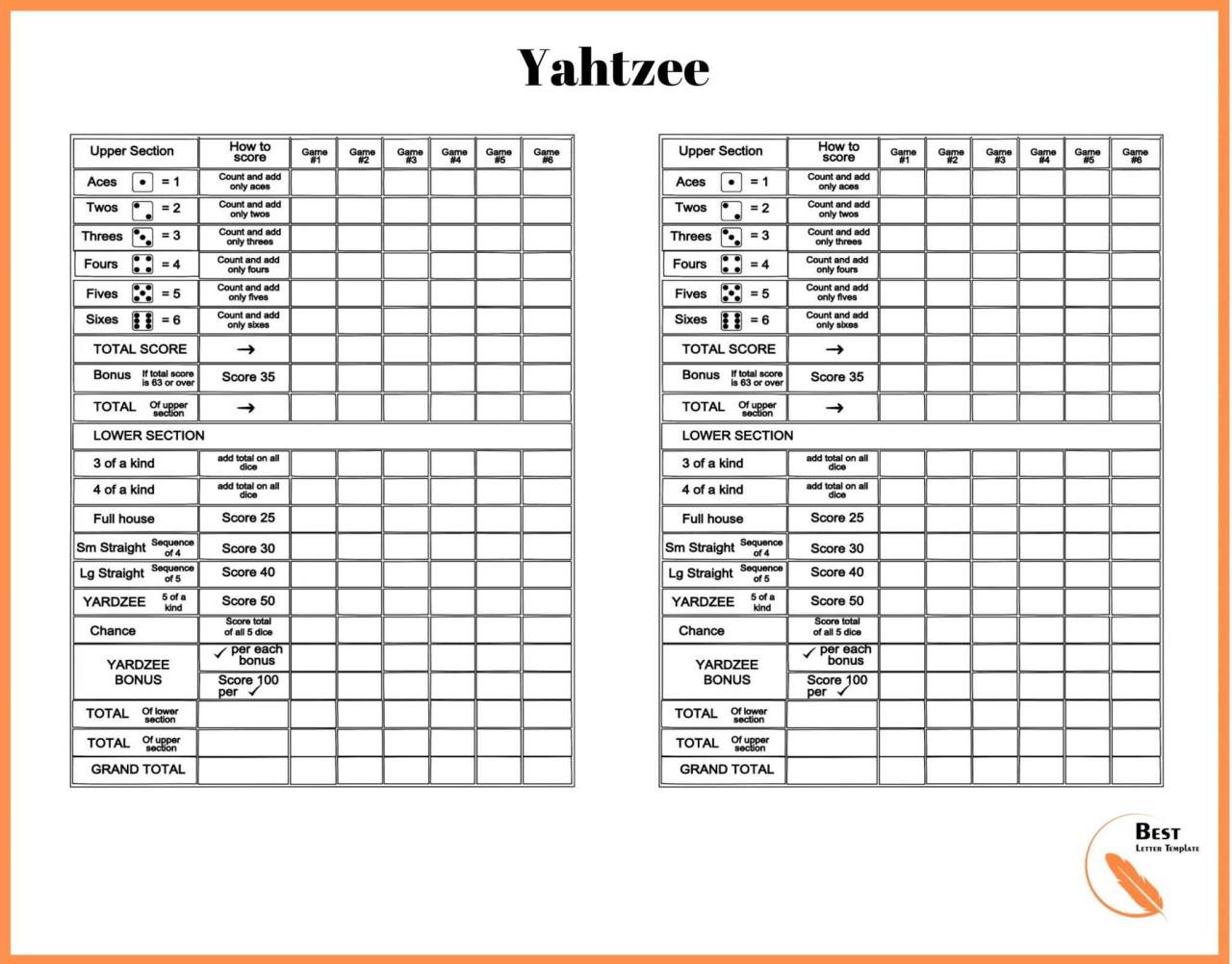 Printable yahtzee score card