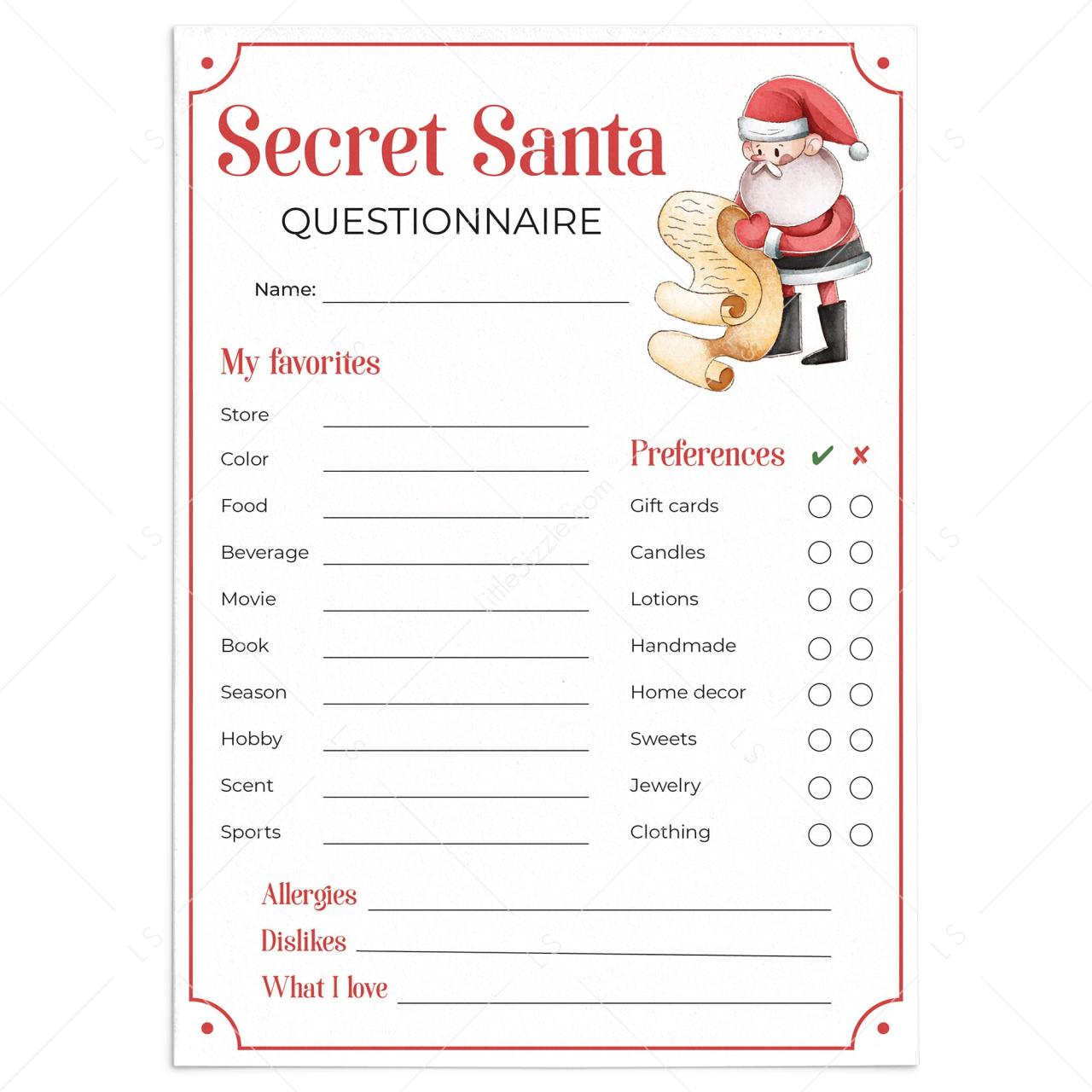 Secret santa questionnaire printable