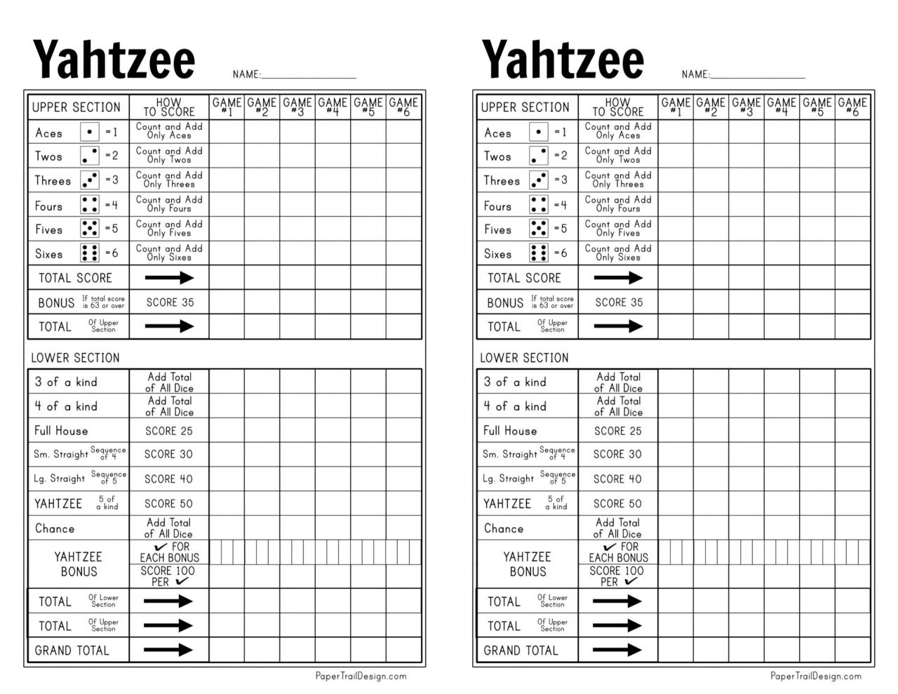 Yahtzee score card printable free