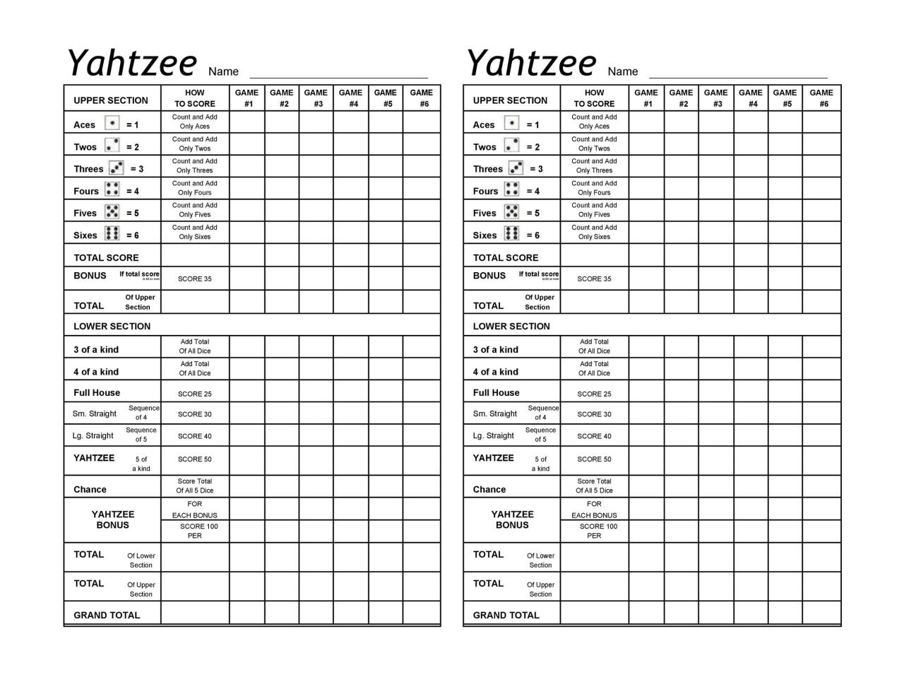 Yahtzee score sheet print out