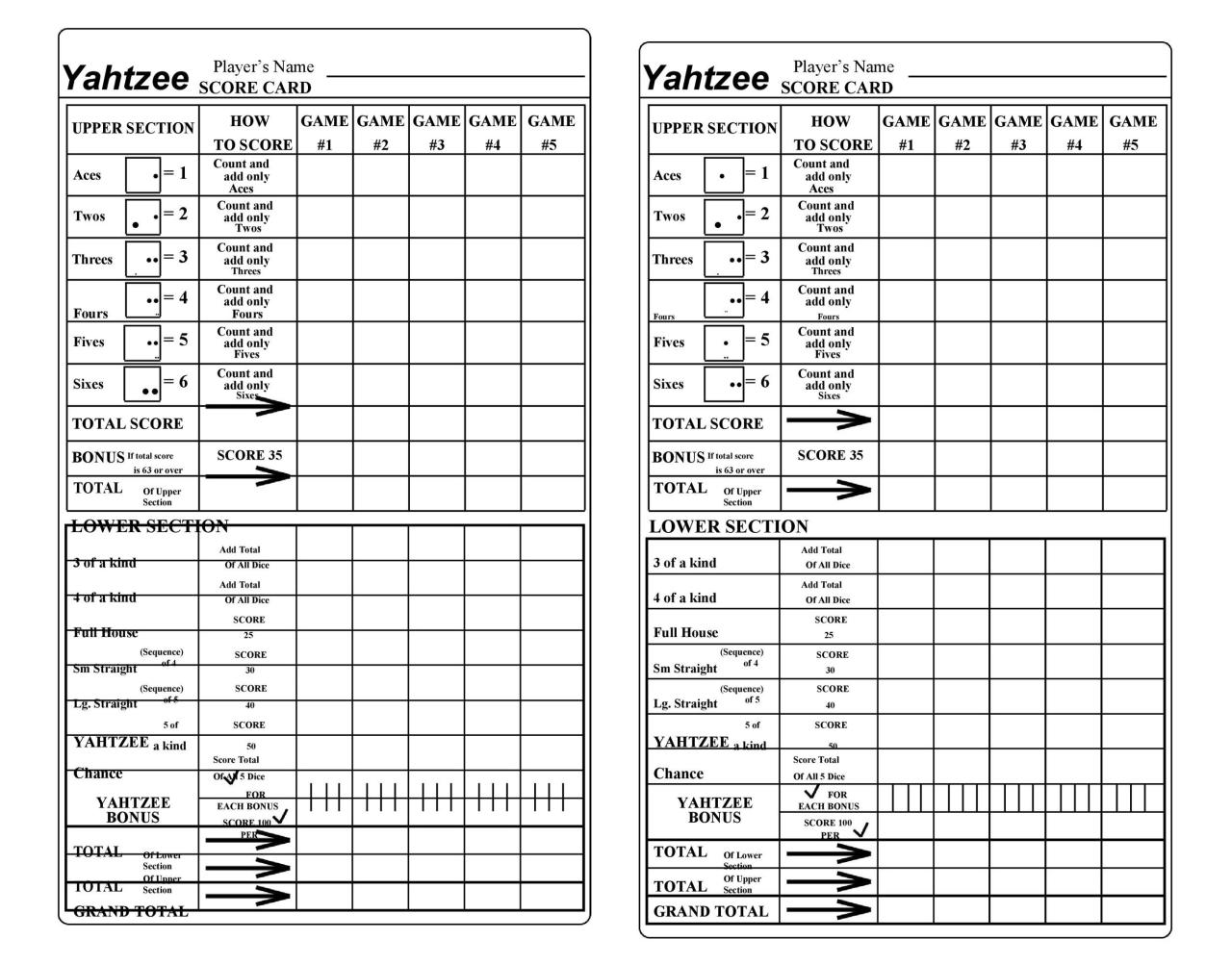 Printable yahtzee score card