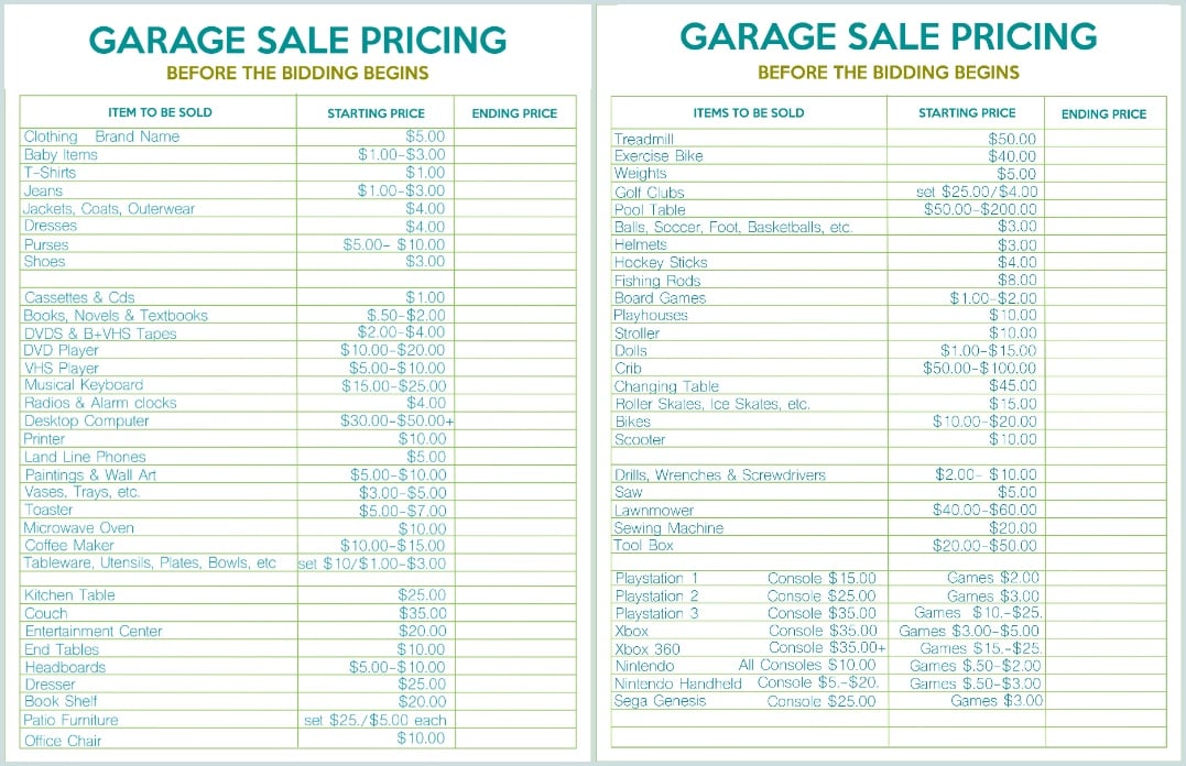 Printable garage sale pricing guide