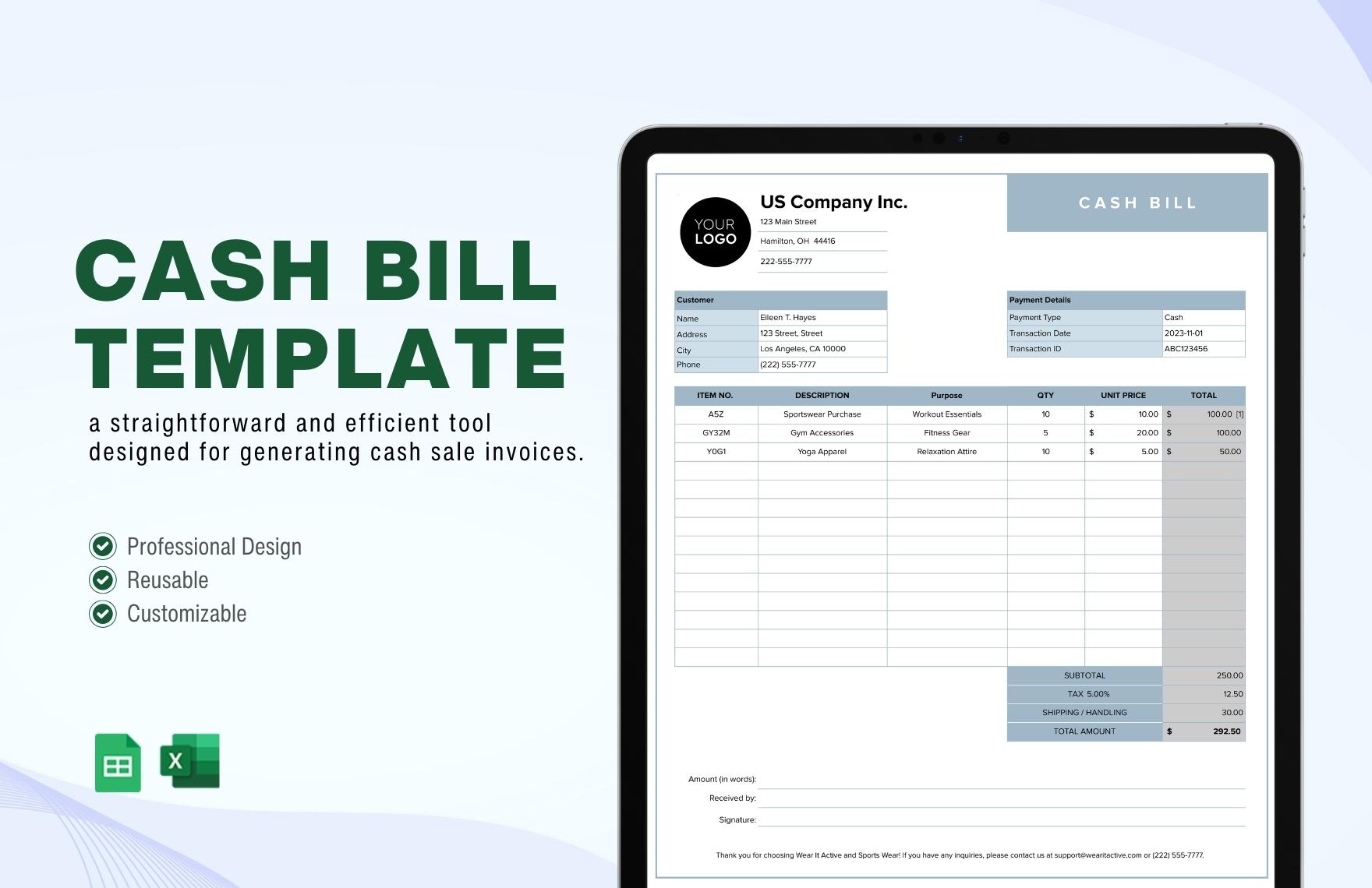 Cash bill format in Excel