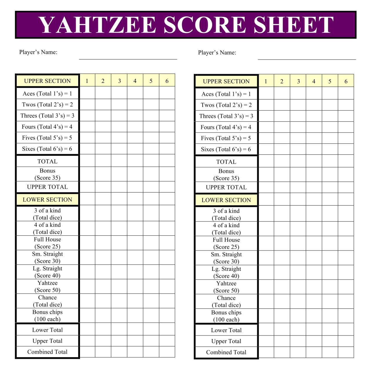 Yahtzee score sheet print out