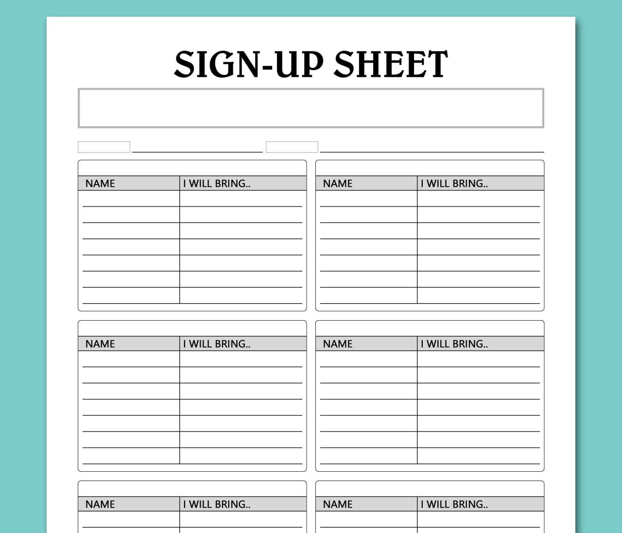 Potluck sign up sheet template