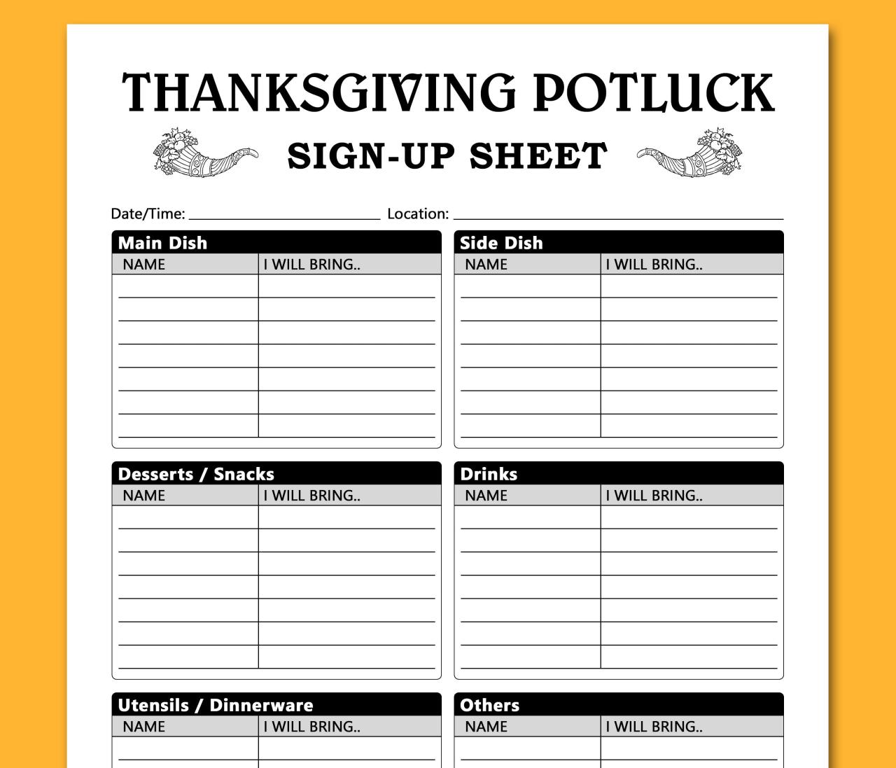 Thanksgiving potluck sign up sheet