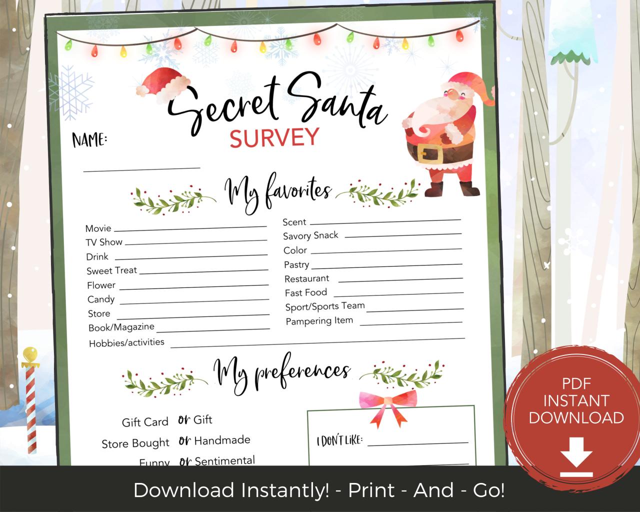 Secret santa questionnaire free printable