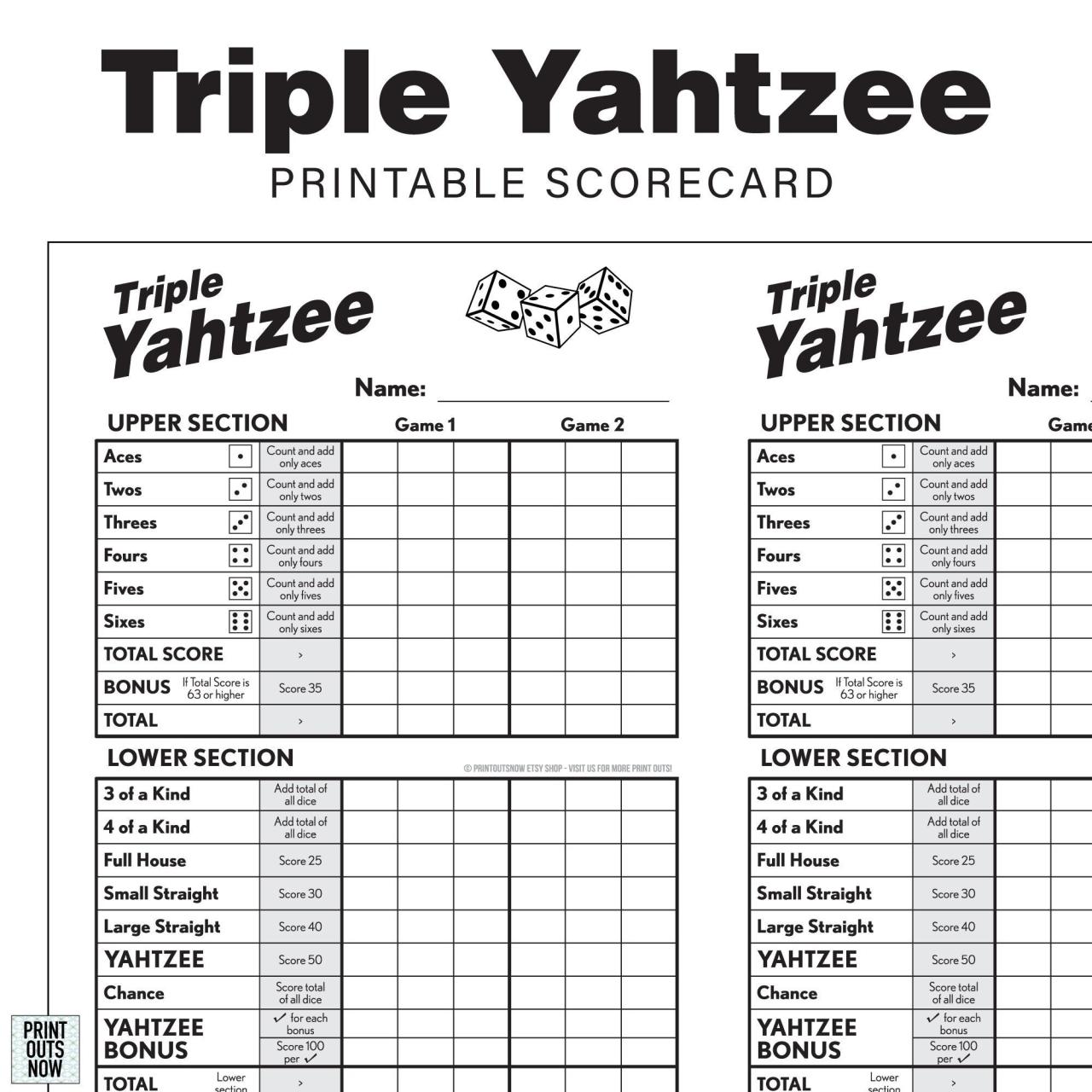 Printable yahtzee score card