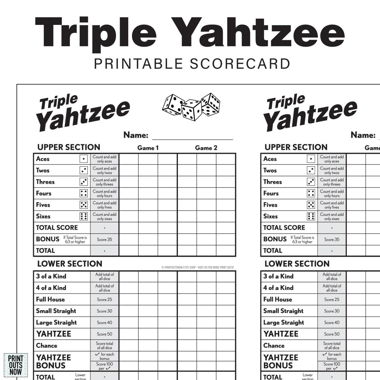 Triple yahtzee score sheets