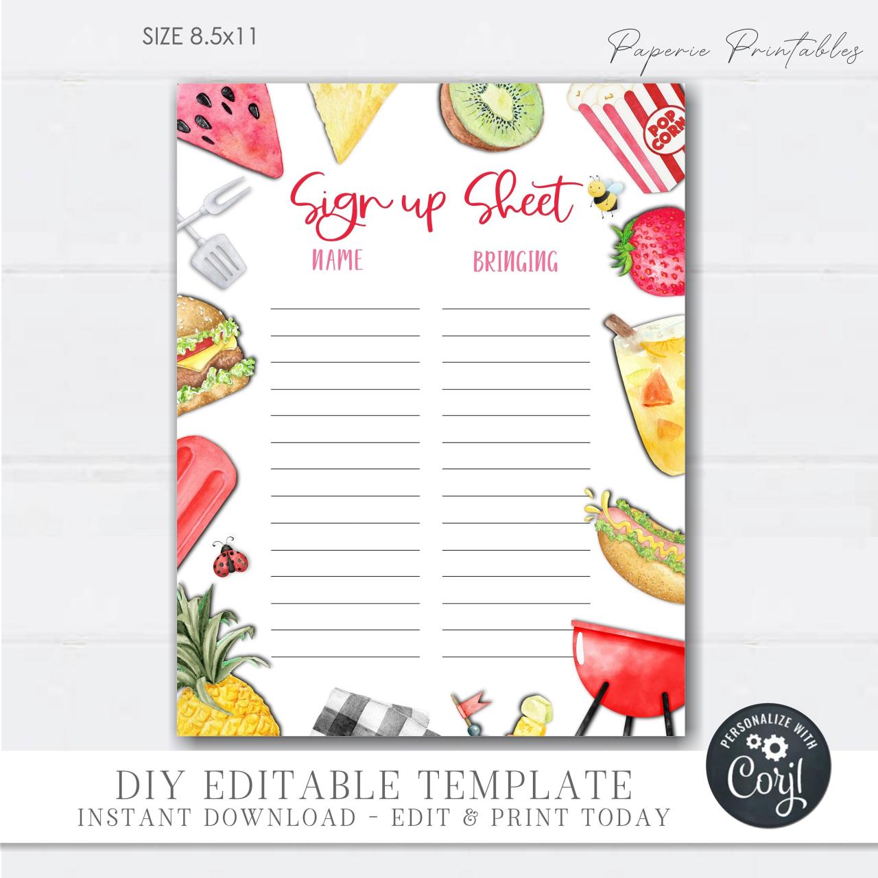 Potluck sign up sheet template