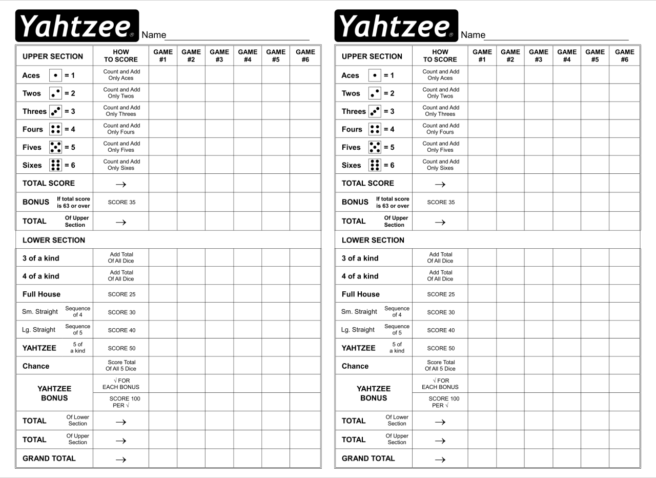 Triple yahtzee score card