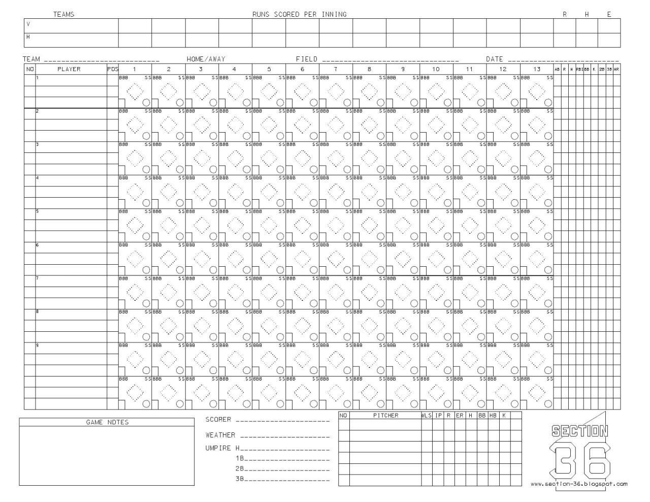 Printable softball score sheet