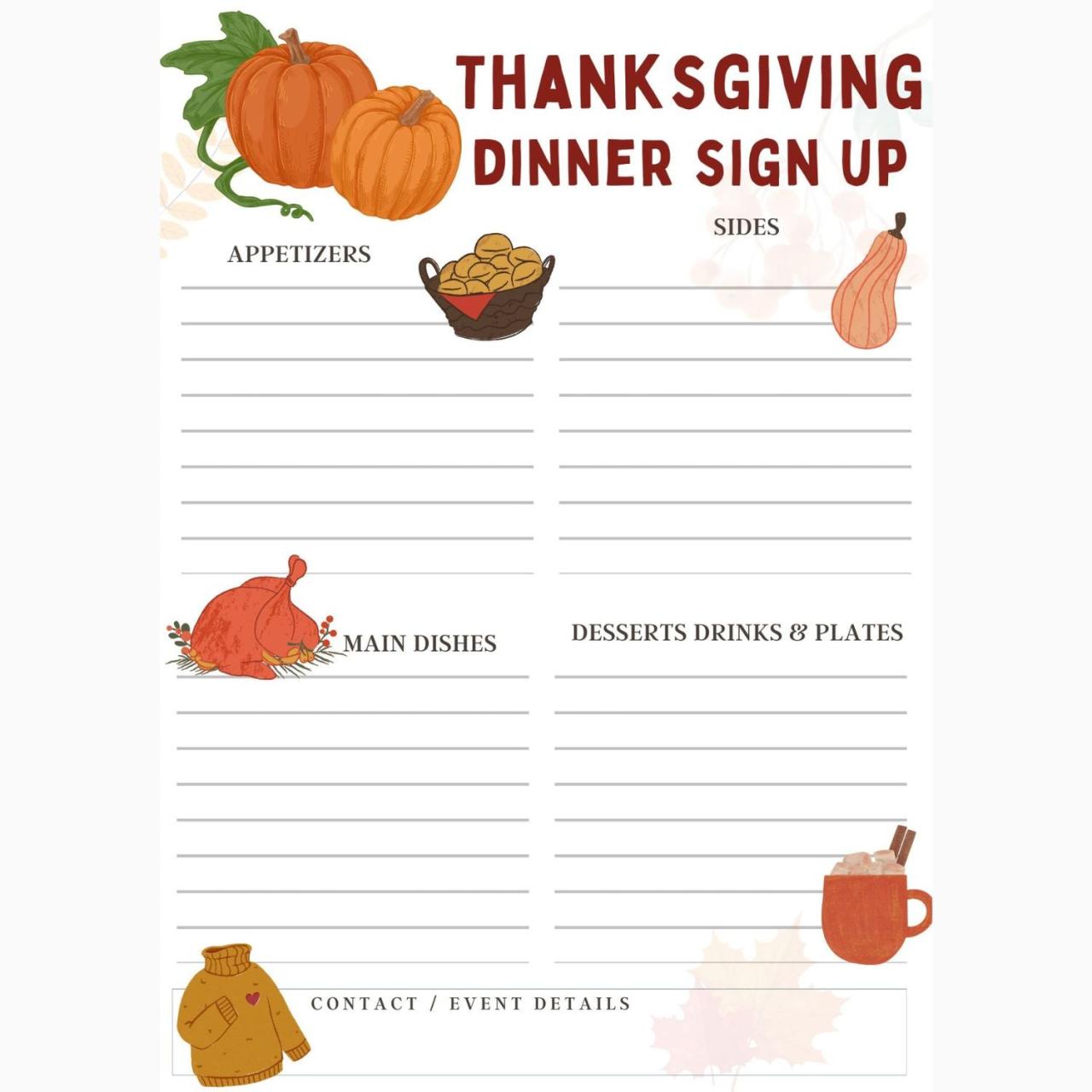 Thanksgiving potluck sign up sheet