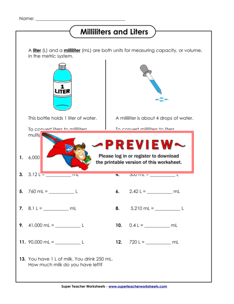 Convert Litres To Millilitres Worksheet Printable Word Searches
