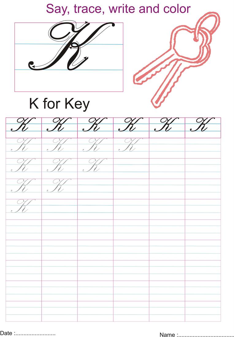 Cursive captial letter 'K' worksheet