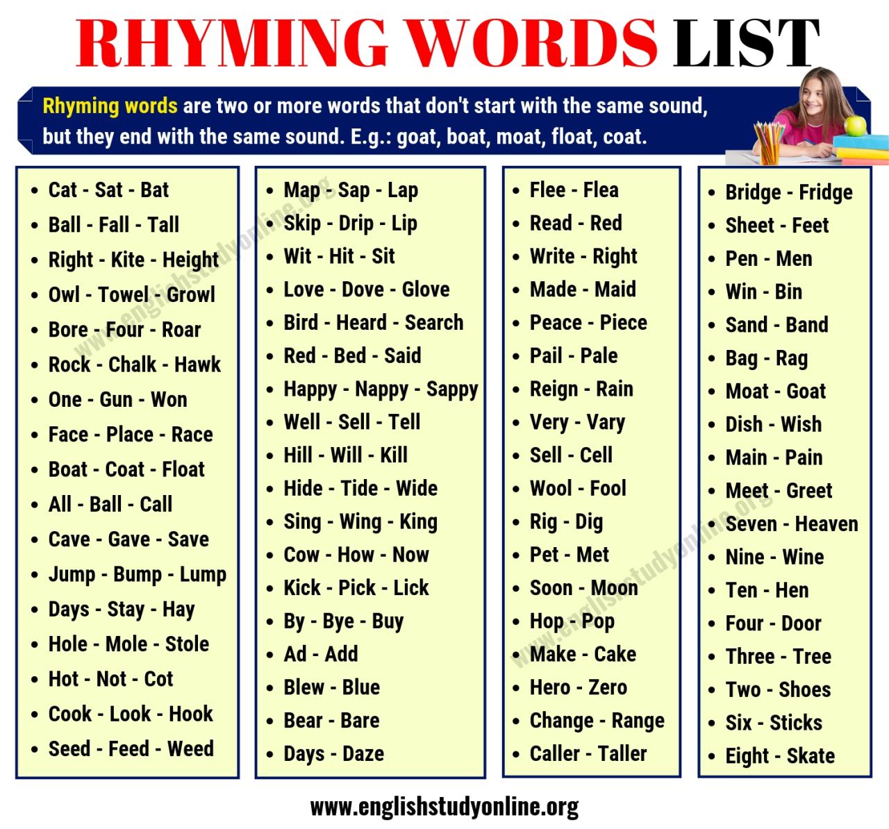 Rhyming Words List of 70+ Interesting Words that Rhyme in English English Study Online
