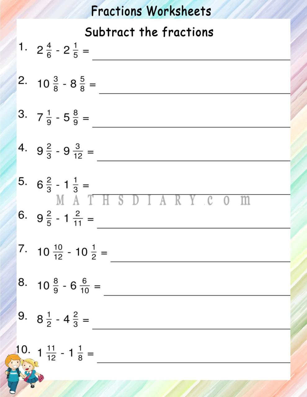 Subtracting Unlike fractions worksheets Math Worksheets