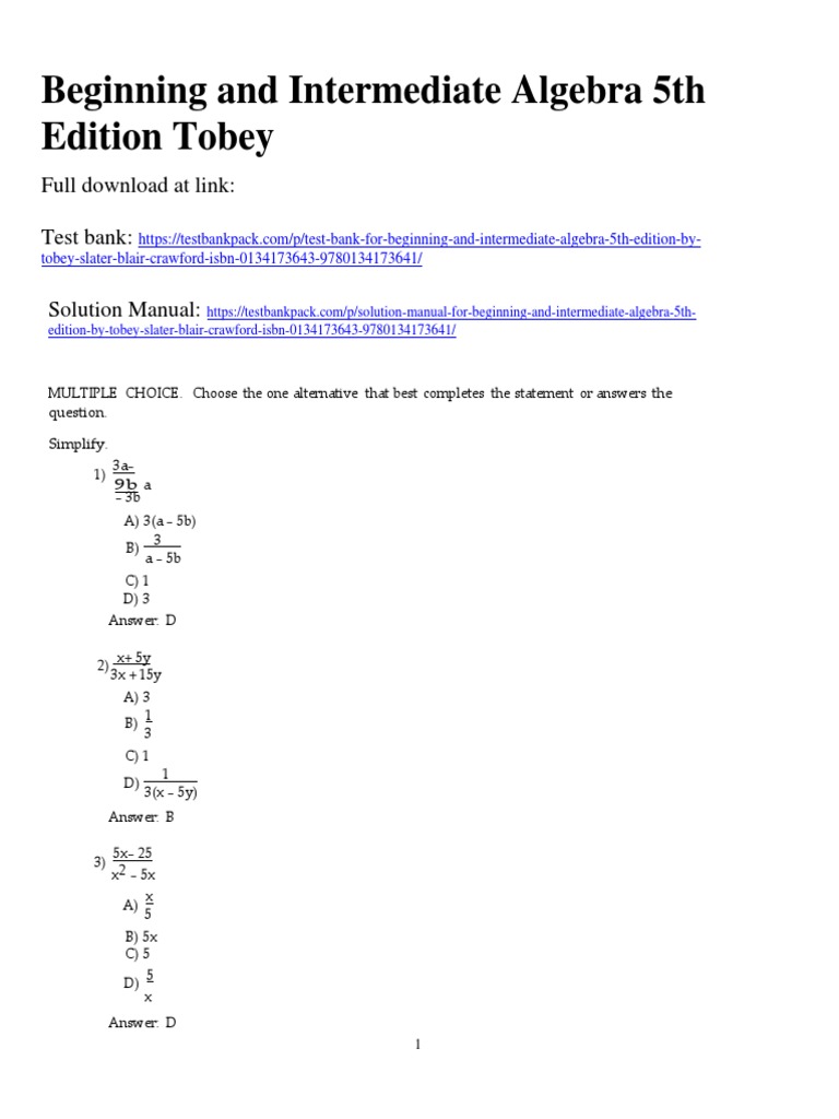 Beginning and Intermediate Algebra 5th Edition Tobey Test Bank 1 PDF