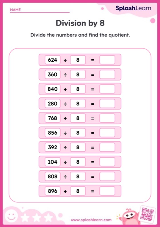 Division by 8 Worksheet Printable Maths Sheet